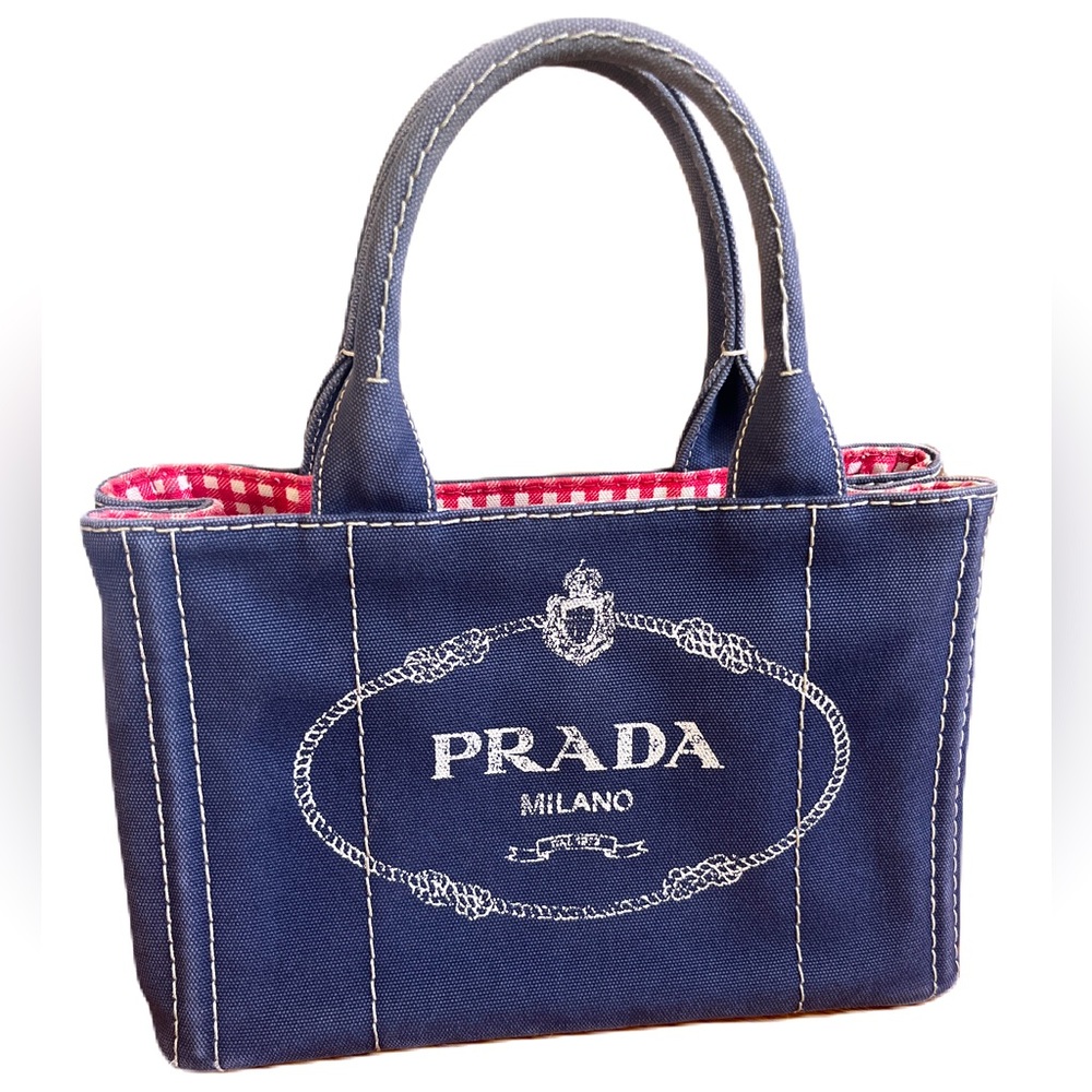 Pre loved PRADA Canapa Mini 2Way Tote Bag Baltico Navy Canvas.